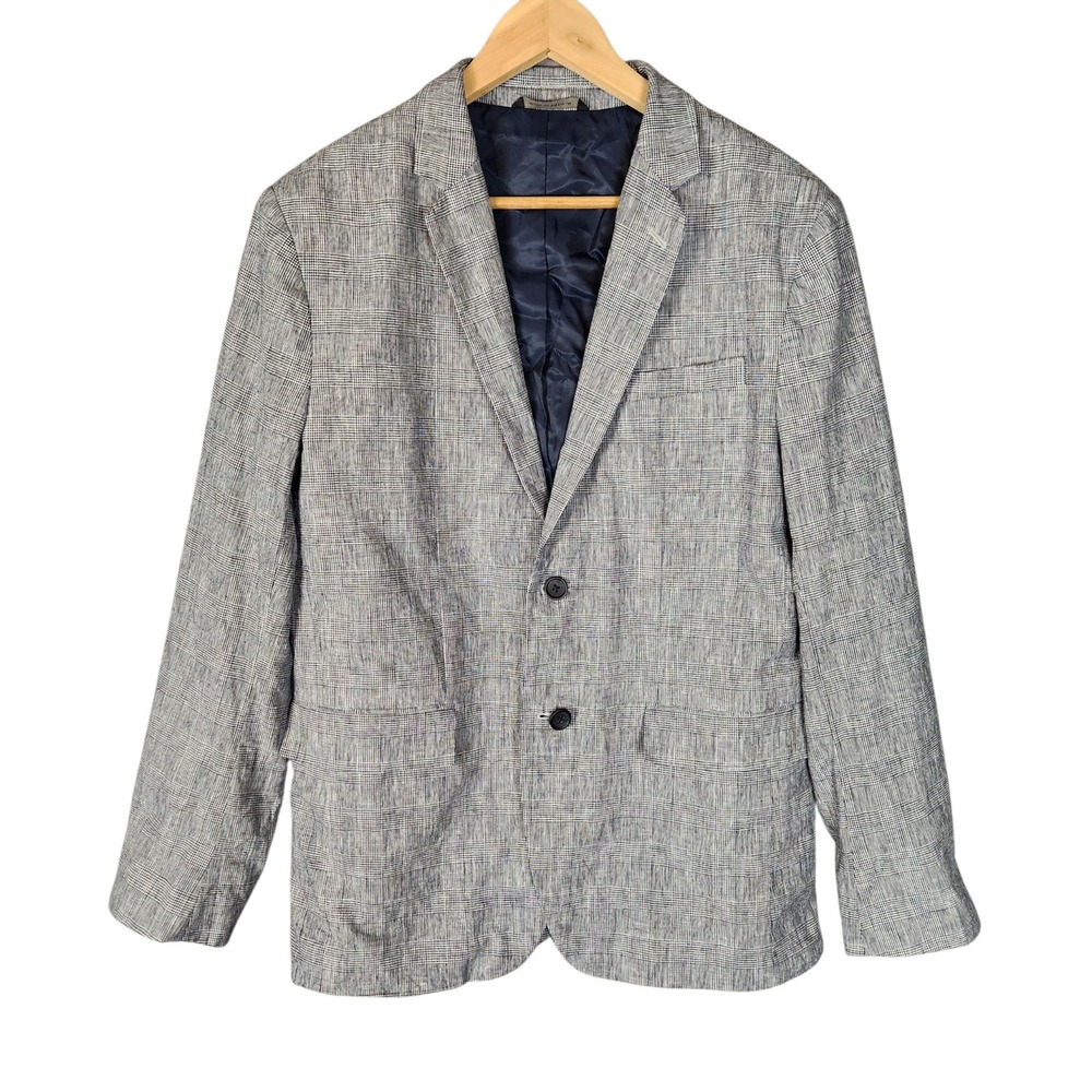 Banana Republic Linen Blazer Men's 42R Blue Plaid Tailored Slim Fit Sport Coat